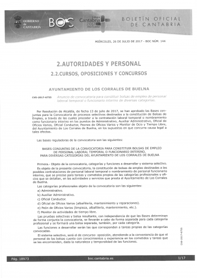 Anuncio de convocatoria para constituir bolsas de empleo de personal laboral temporal o funcionario interino del Ayuntamiento de Los Corrales de Buelna